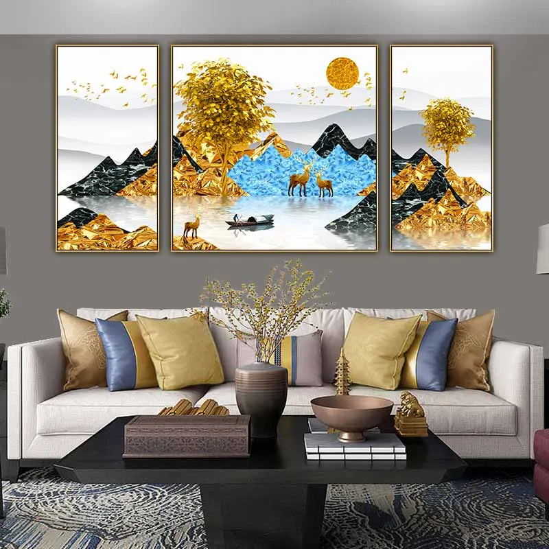 Tranh đồi núi, cây và hươu nai vàng phong thủy