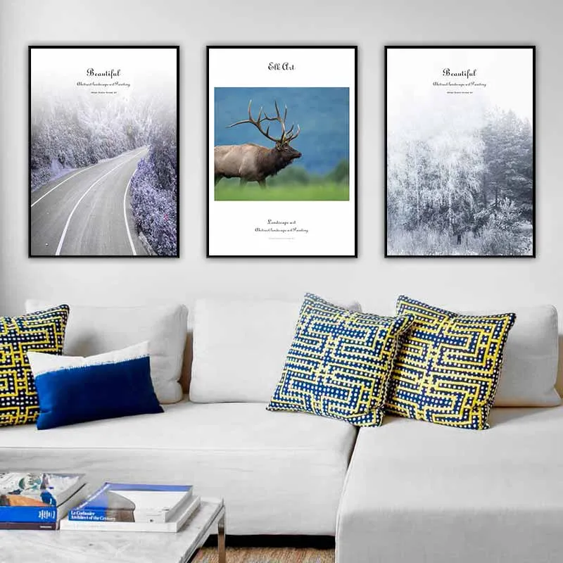 Tranh Scandinavia phong cảnh con đường, con tuần lộc, trừu tượng, rừng thông tuyết phủ
