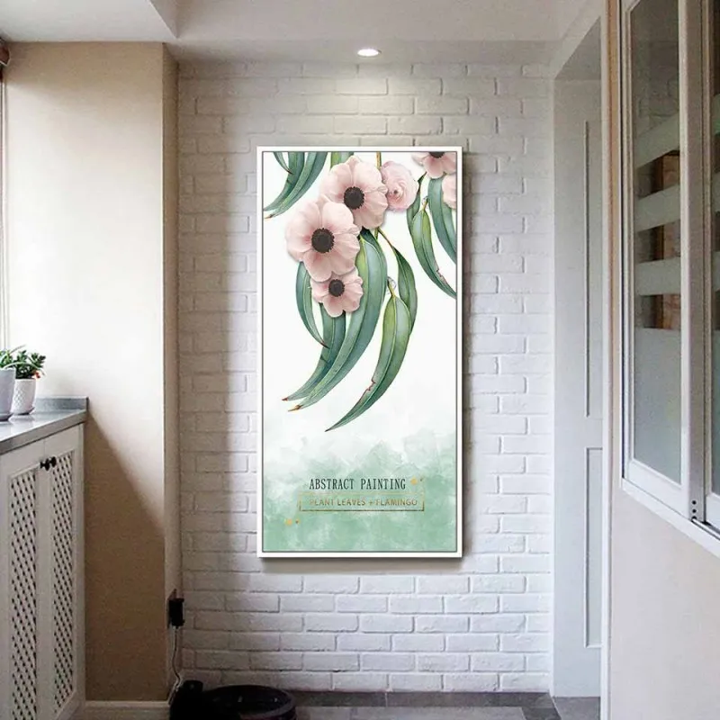 Tranh canvas hoa kết hợp chữ Abstract Painting Plant Leaves Flamingo