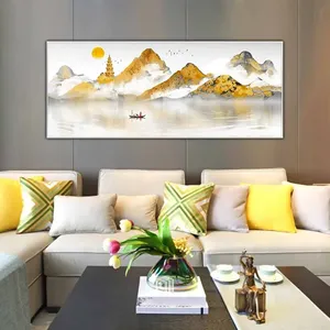 Tranh người đi thuyền trên hồ nước với phong cảnh đồi núi vàng và chùa tháp