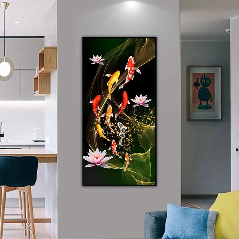 Tranh cá chép cửu ngư bơi theo luồng sáng và hoa sen hồng