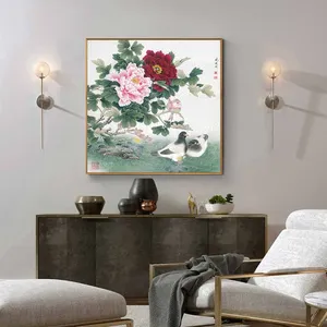 Tranh hoa mẫu đơn và đôi chim bồ câu