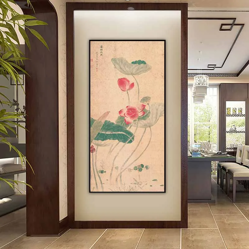 Tranh hoa sen màu sắc hoài cổ vintage
