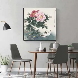 Tranh hoa mẫu đơn và đôi chim bồ câu