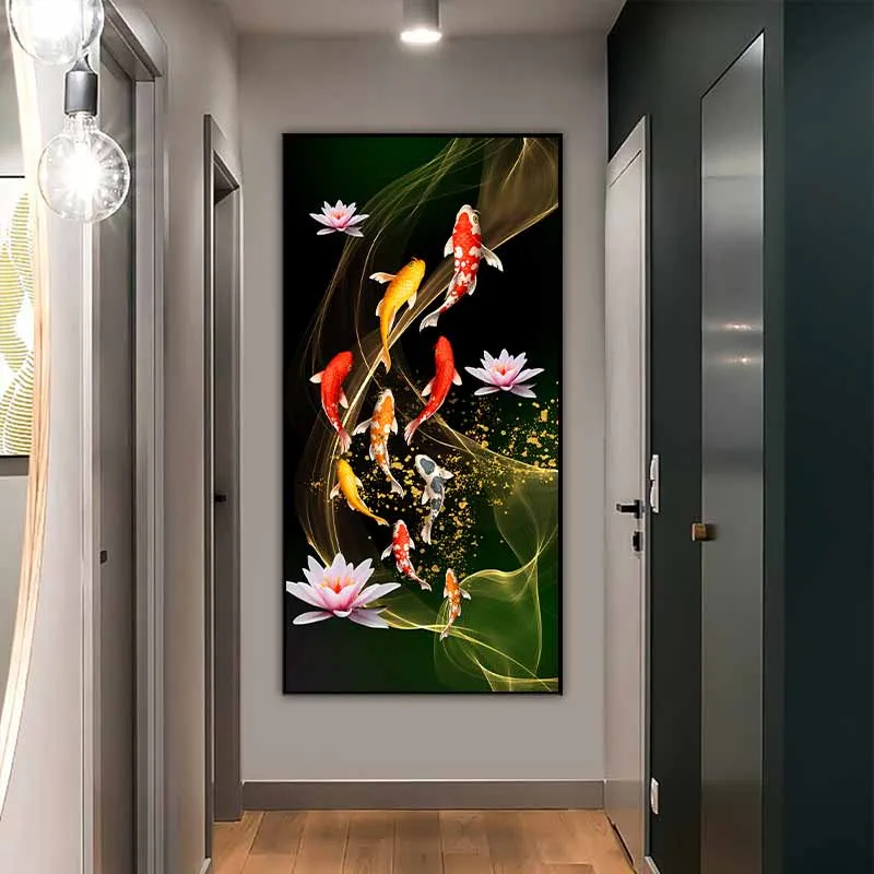 Tranh cá chép cửu ngư bơi theo luồng sáng và hoa sen hồng