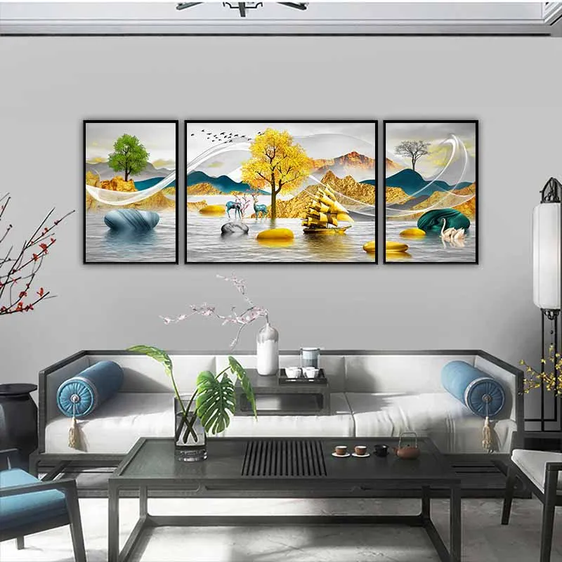 Tranh phong thủy thuyền buồm vàng, đồi núi vàng, hươu nai, những tảng đá phong thủy và thiên nga