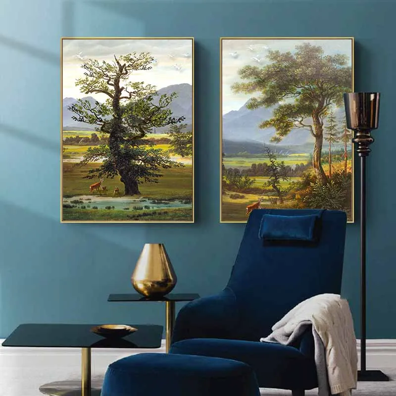 Tranh phong cảnh đồi núi và rừng cây với gia đình hươu nai và đôi chim thiên nga