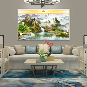 Tranh sơn thủy và đàn chim sếu đầu đỏ Nhật Bản