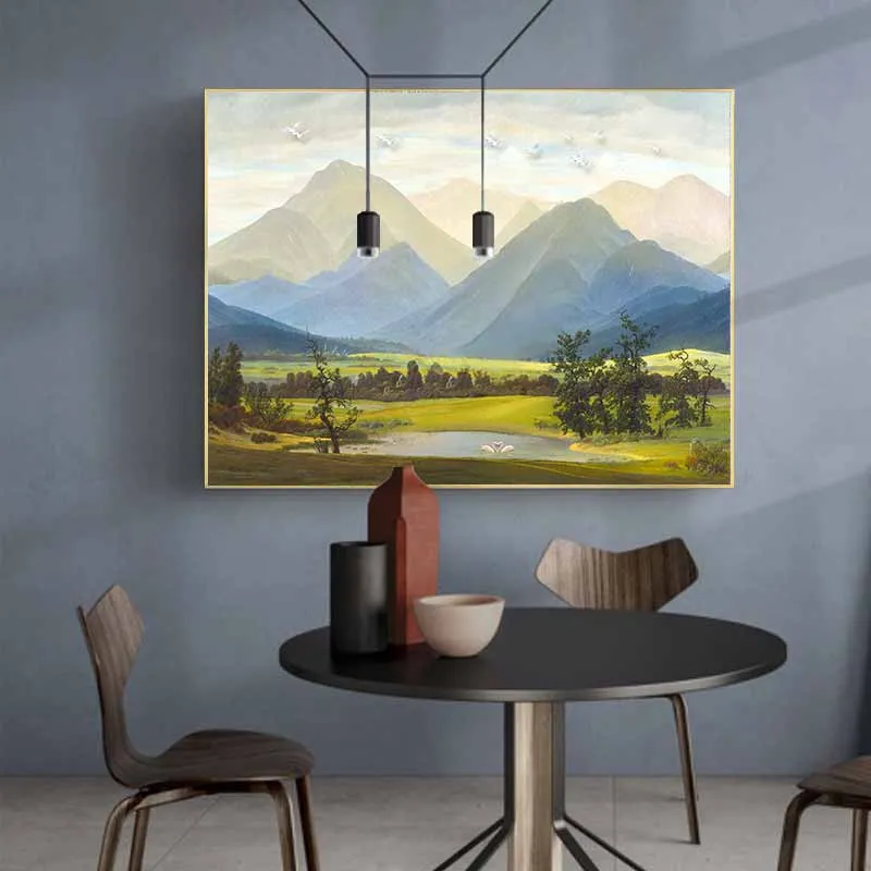 Tranh phong cảnh đồi núi và rừng cây với gia đình hươu nai và đôi chim thiên nga