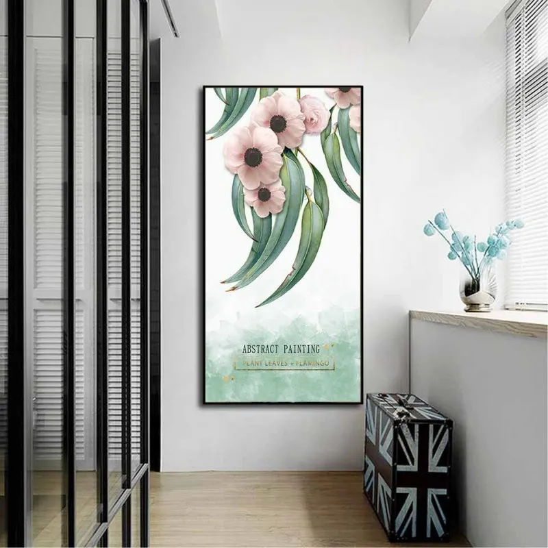 Tranh canvas hoa kết hợp chữ Abstract Painting Plant Leaves Flamingo