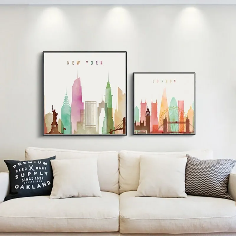 Tranh khổ vuông phong cảnh thành phố Big Ben, London Bridge, New York, Eiffel