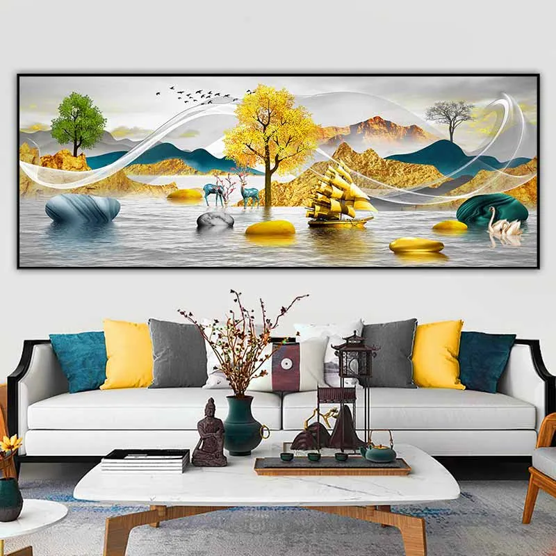 Tranh phong thủy thuyền buồm vàng, đồi núi vàng, hươu nai, những tảng đá phong thủy và thiên nga