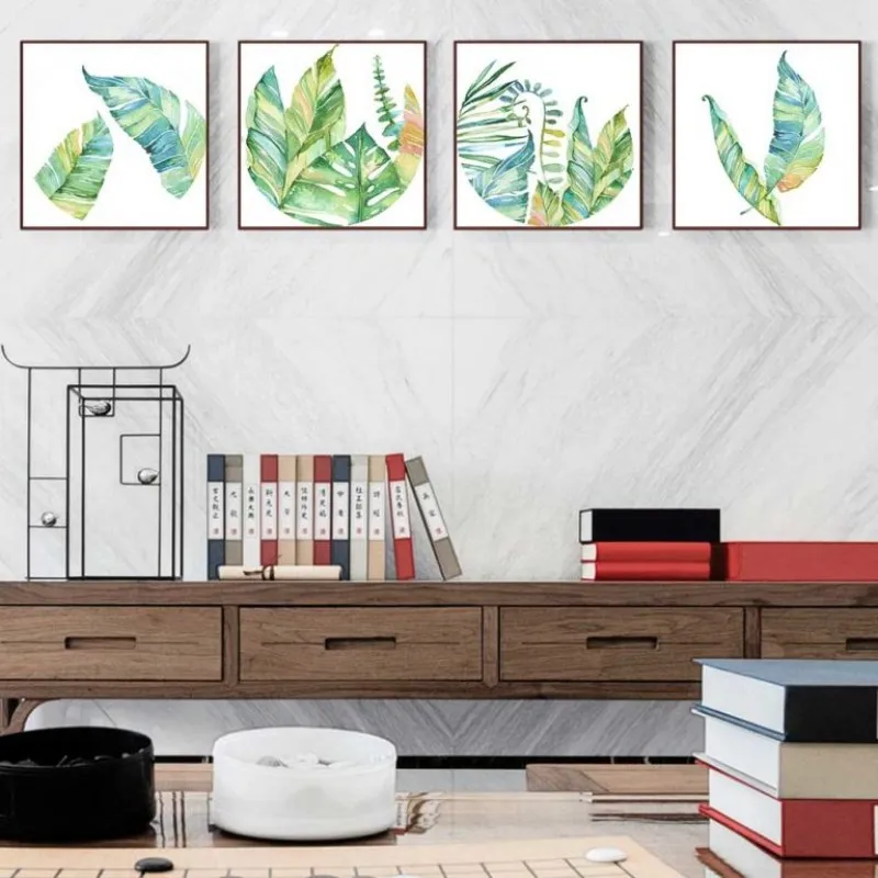 Tranh canvas lá cây màu nước khung vuông