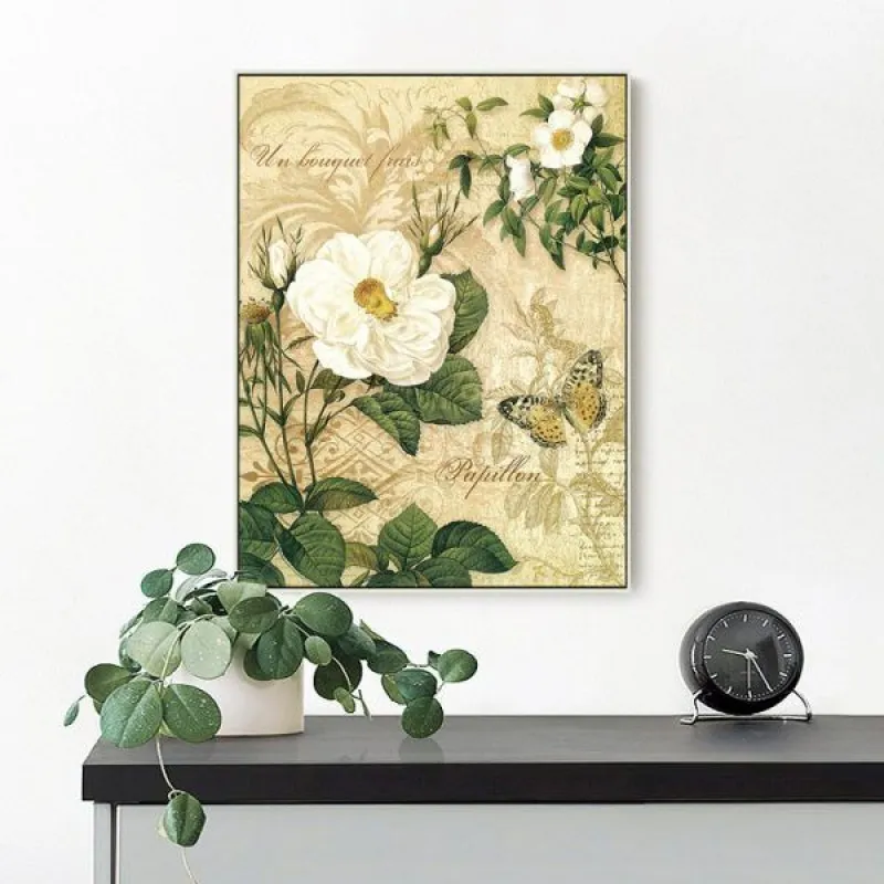 Tranh hoa Trà trắng theo phong cách Vintage