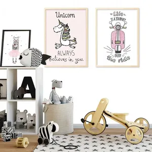 Tranh cô gái váy hồng, xe vespa, chim hồng hạc  và con kỳ lân Unicorn