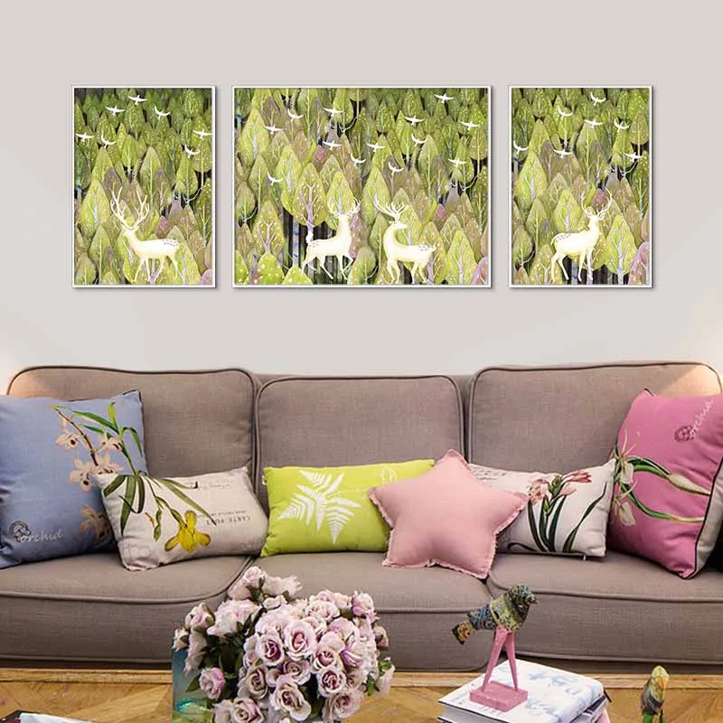 Tranh đàn nai trắng trong rừng cây trừu tượng