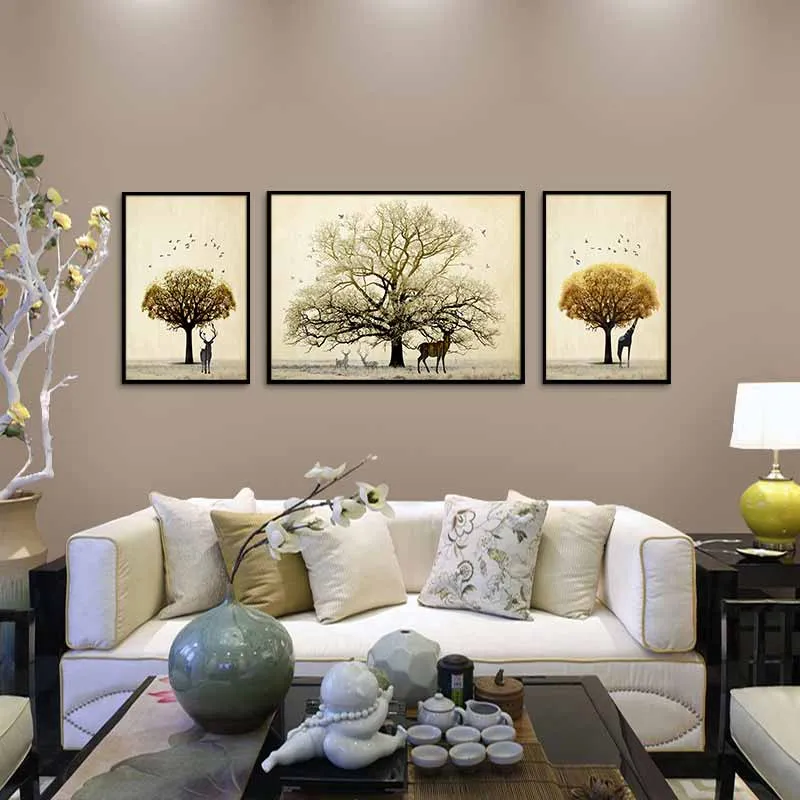 Tranh hươu nai và cây khô