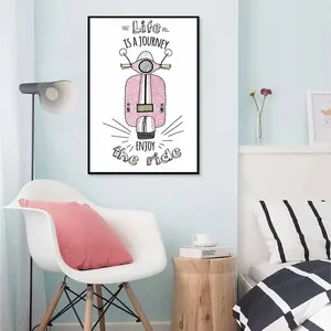 Tranh cô gái váy hồng, xe vespa, chim hồng hạc  và con kỳ lân Unicorn