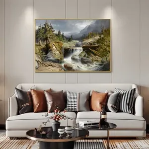 Tranh phong cảnh miền núi với những người khai thác gỗ gần thác nước