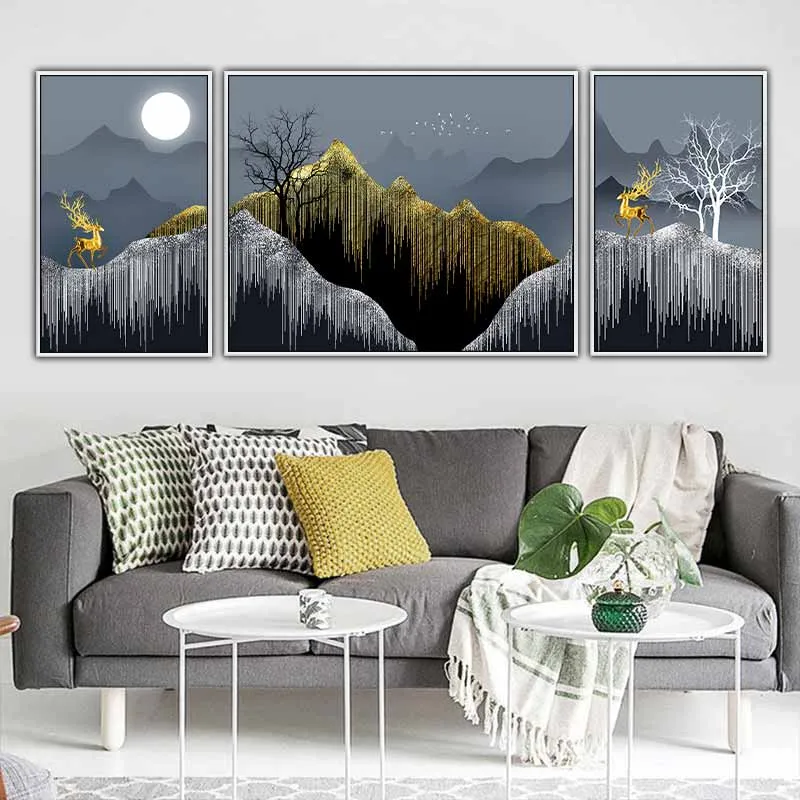 Tranh 2 con nai vàng đứng trên đồi núi trừu tượng