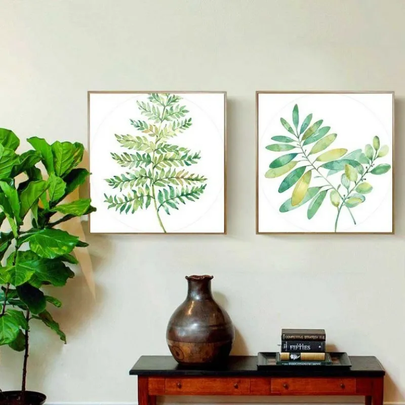 Tranh canvas lá cây màu nước khung vuông