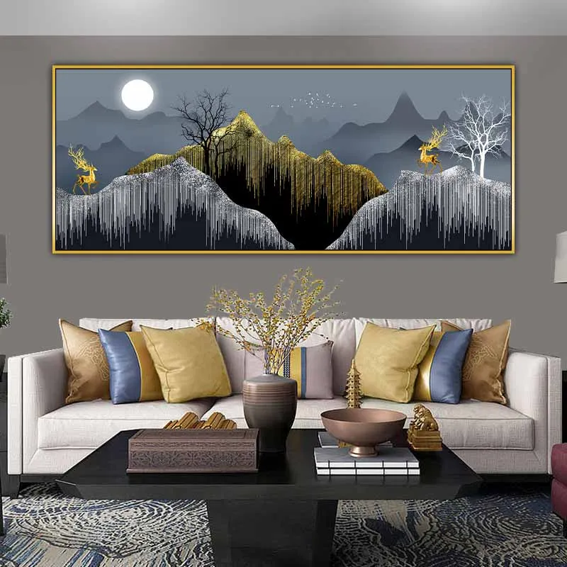 Tranh 2 con nai vàng đứng trên đồi núi trừu tượng