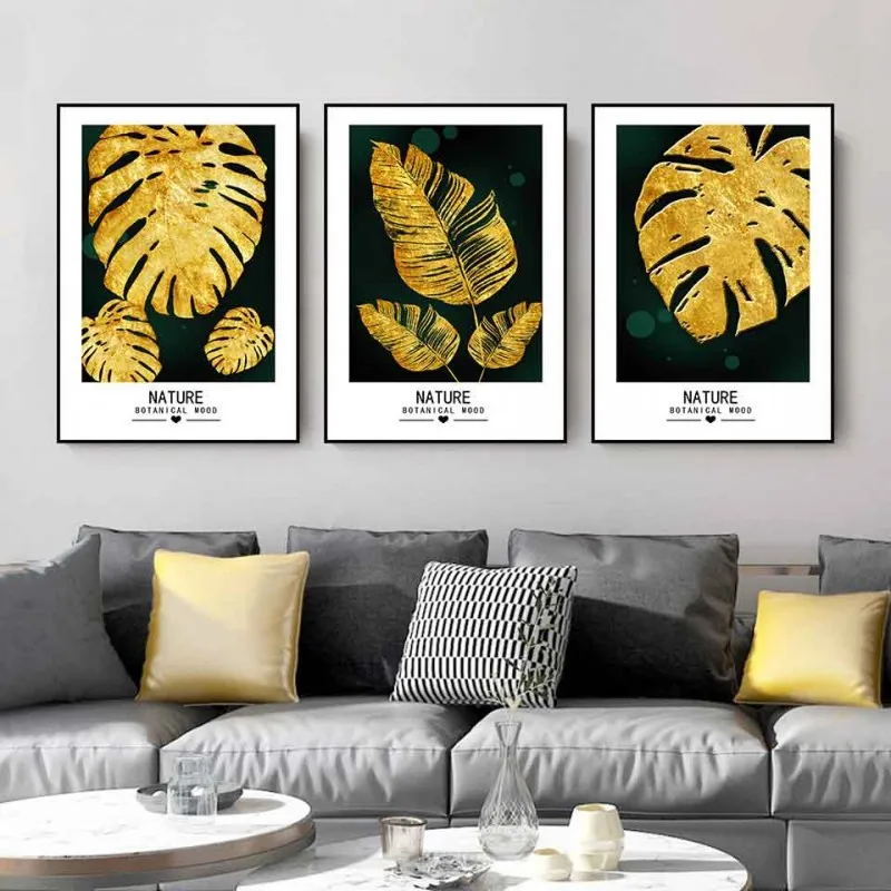 Tranh canvas lá cây nhiệt đới vàng gold