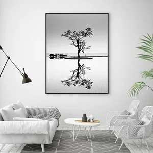 Tranh canvas phong cảnh cây khô giữa hồ nước và chiếc cầu gỗ