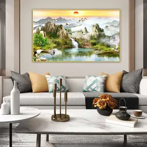 Tranh sơn thủy và đàn chim sếu đầu đỏ Nhật Bản