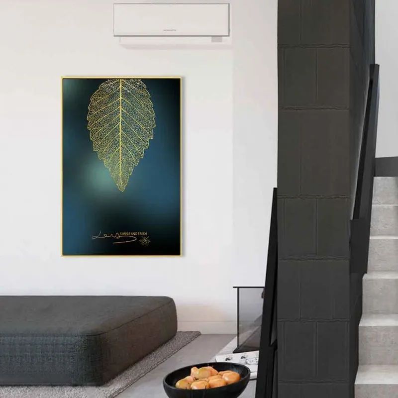 Tranh canvas lá cây trừu tượng vàng nền xanh