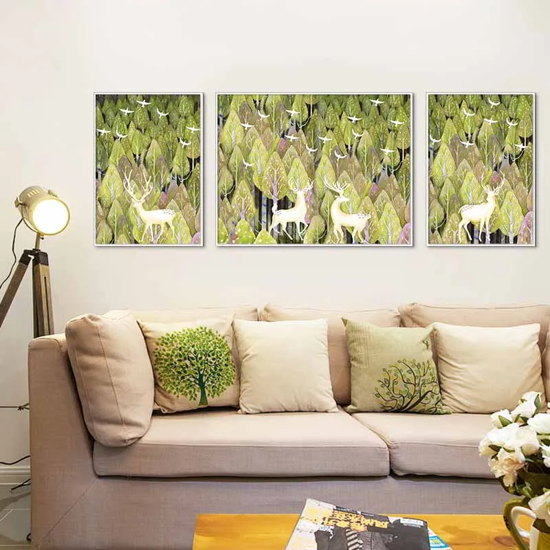 Tranh đàn nai trắng trong rừng cây trừu tượng