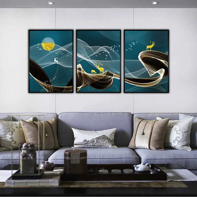 Tranh trừu tượng nai mặt trăng và đàn chim