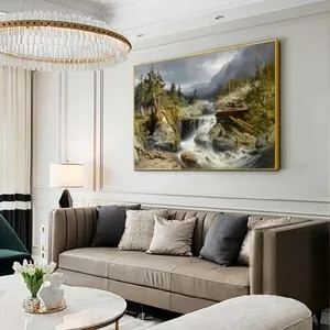 Tranh phong cảnh miền núi với những người khai thác gỗ gần thác nước