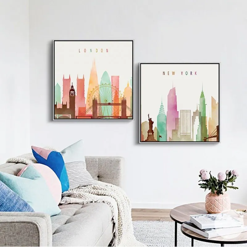 Tranh khổ vuông phong cảnh thành phố Big Ben, London Bridge, New York, Eiffel