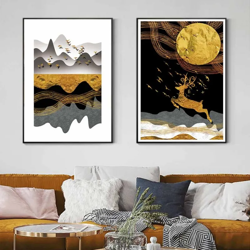 Tranh canvas phong cảnh đàn nai, đồi núi và đàn chim trừu tượng