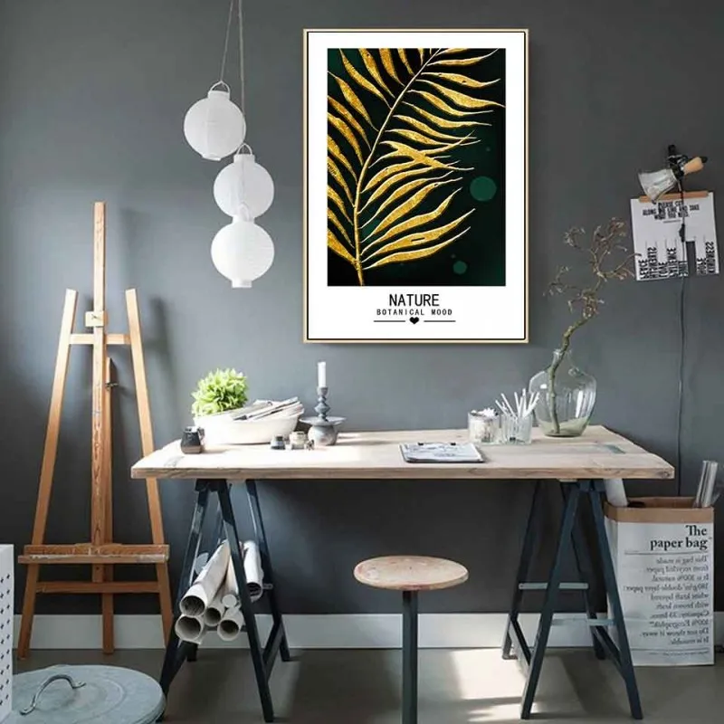 Tranh canvas lá cây nhiệt đới vàng gold