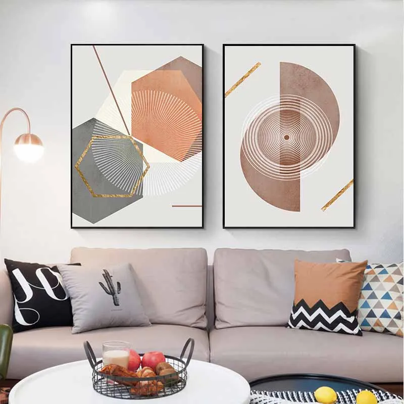 Tranh trừu tượng khối hình lục giác, hình tròn và đường nét cô gái