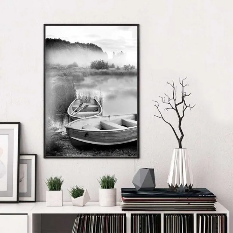 Tranh phong cảnh Scandinavia thuyền, cầu gỗ và cây khô