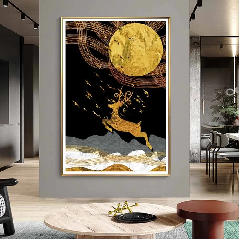 Tranh canvas phong cảnh đàn nai, đồi núi và đàn chim trừu tượng