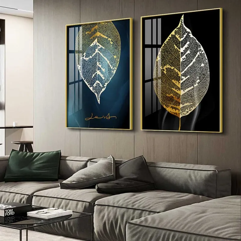 Tranh gân lá cây màu vàng gold trừu tượng