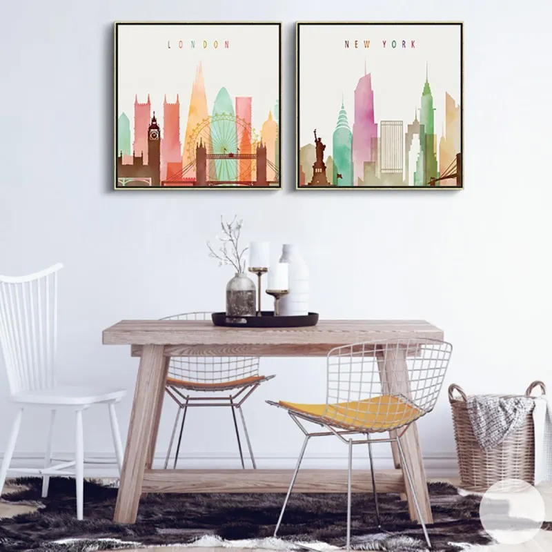 Tranh khổ vuông phong cảnh thành phố Big Ben, London Bridge, New York, Eiffel