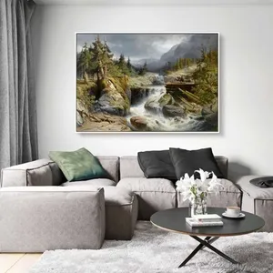 Tranh phong cảnh miền núi với những người khai thác gỗ gần thác nước