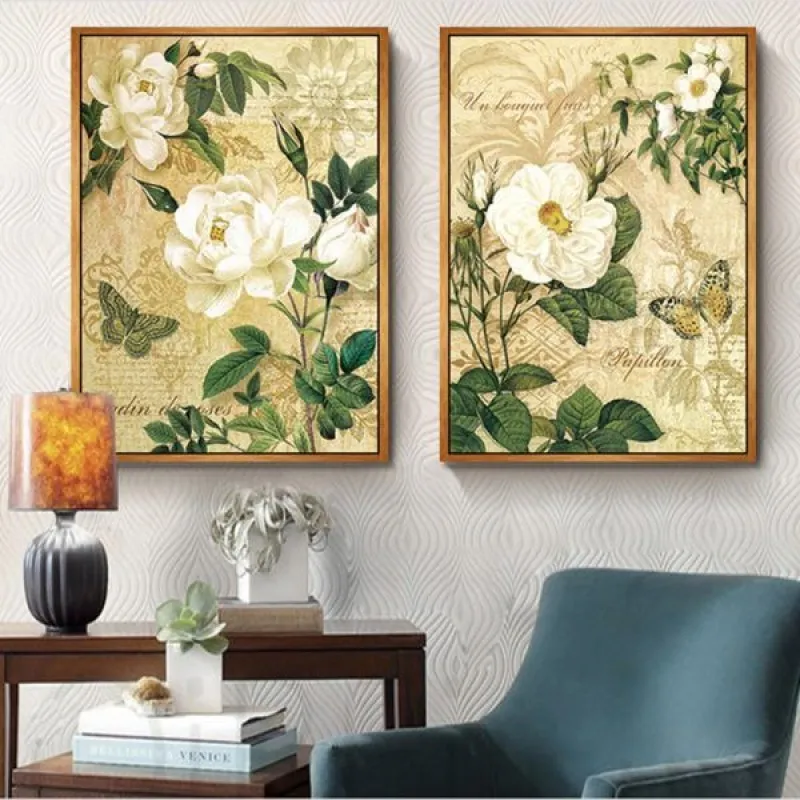 Tranh hoa Trà trắng theo phong cách Vintage