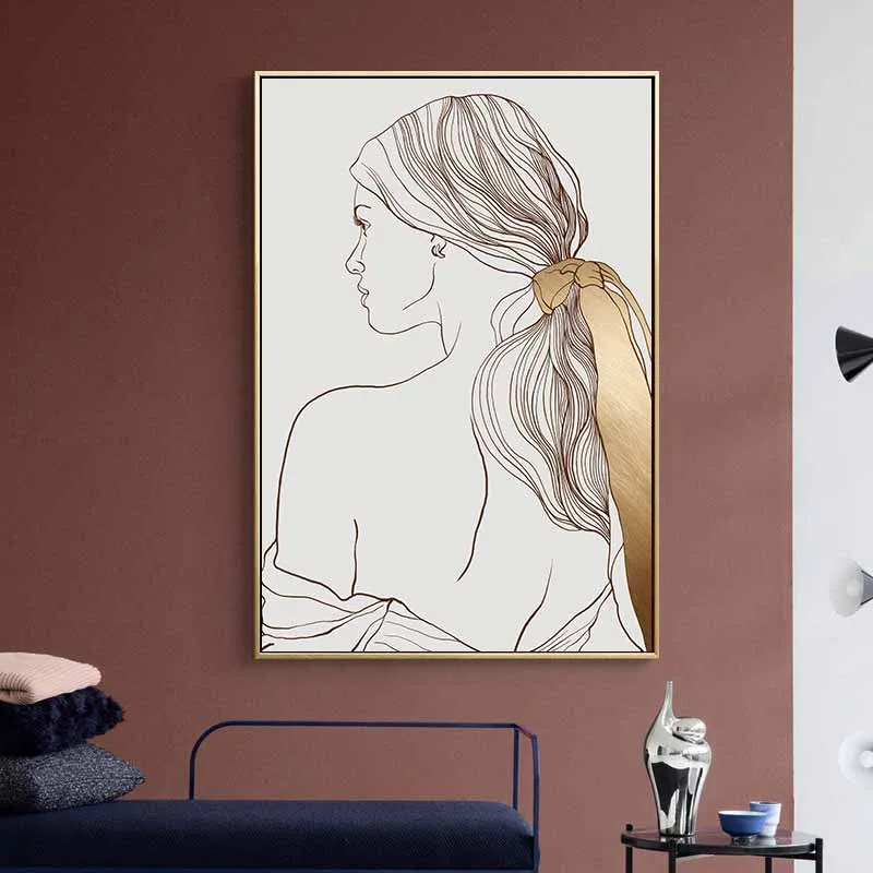 Tranh trừu tượng khối hình lục giác, hình tròn và đường nét cô gái