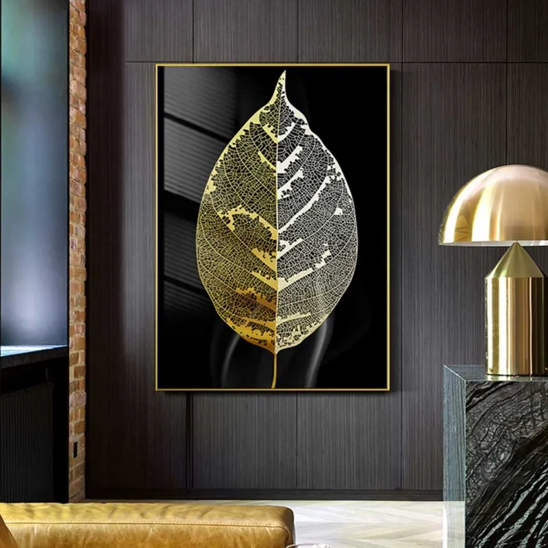 Tranh gân lá cây màu vàng gold trừu tượng