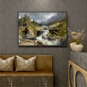 Tranh phong cảnh miền núi với những người khai thác gỗ gần thác nước