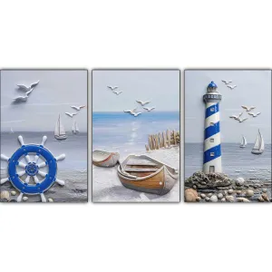 Bộ 3 Tranh Canvas Cảnh Biển Họa Tiết Thuyền Buồm Và Ngọn Hải Đăng Giả Nổi 3D