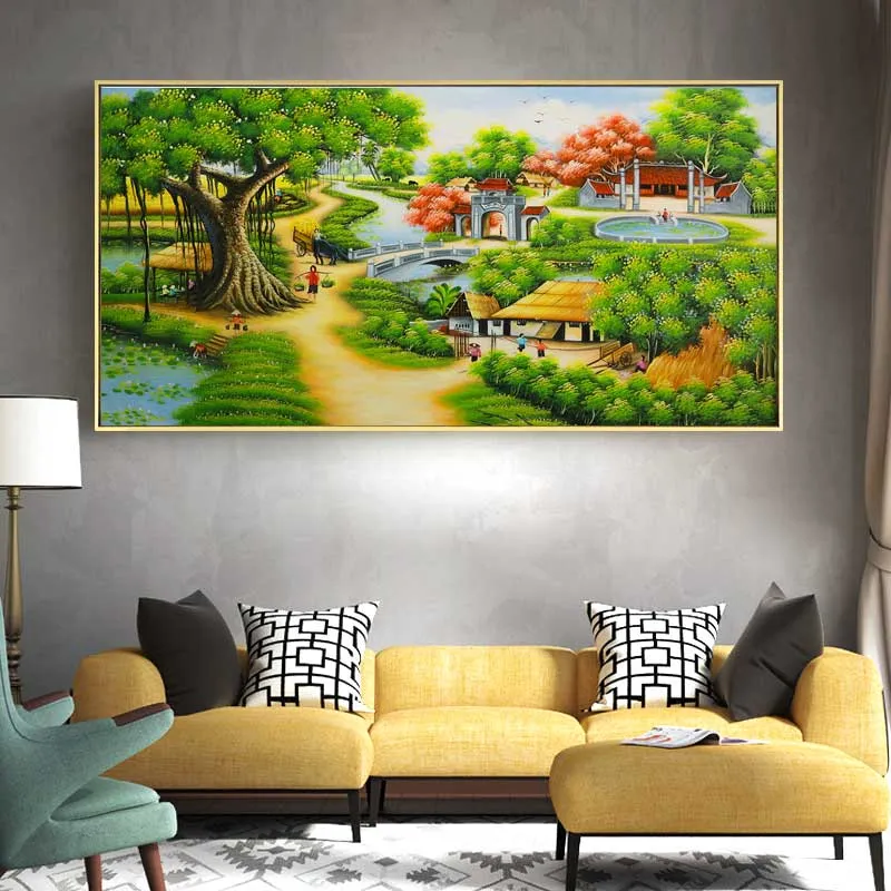 Tranh phong cảnh làng quê, cây đa và dòng sông