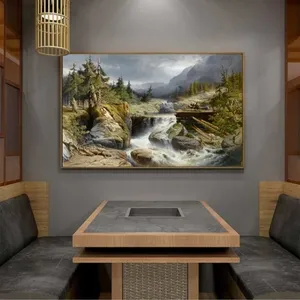 Tranh phong cảnh miền núi với những người khai thác gỗ gần thác nước