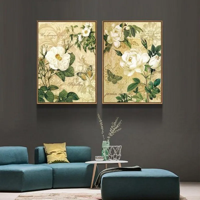 Tranh hoa Trà trắng theo phong cách Vintage